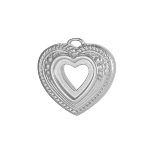 Detail of heart pendant with spiral texture and hollow center in stainless steel