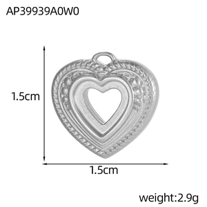 Detail view showing a 1.5cm stainless steel heart pendant with embossed edge texture