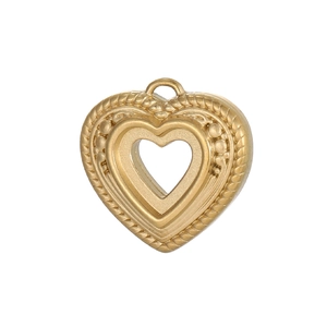 Detailed view of a gold heart pendant with twisted rope edges and hollow center