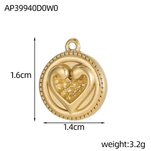 Detail view of gold heart pendant charm with 1.6cm height and 1.4cm width dimensions