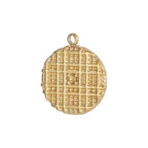 Detail of a round golden pendant with geometric textured relief and polished bail
