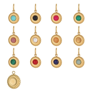 Retro stainless steel round pendants with natural stones and ribbed golden frames