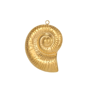 Macro view of a golden nautilus shell pendant with detailed spiral texture and top ring
