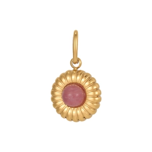 Macro view of a gold-plated round pendant with rib texture and pink natural stone