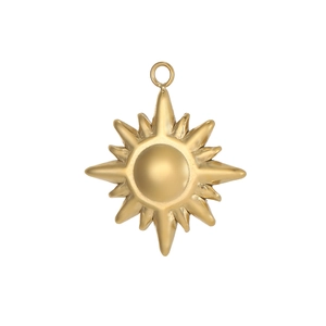 Detail of matte gold sunburst pendant with centered round convex and hanging loop hook