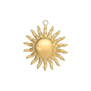 Detailed close-up of a 18K gold sun pendant with radiant rays and smooth center