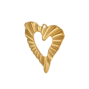 Detailed view of a golden hollow heart pendant with elegant 3D pleated texture