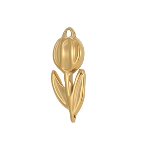 Macro shot of a polished gold tulip pendant with a solid metal bail and sleek finish