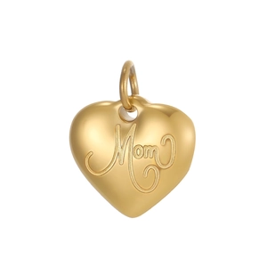 Detailed view of a gold heart-shaped pendant with embossed Mom lettering for necklaces