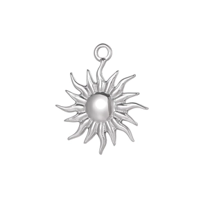 Macro view of silver sun pendant charm with sixteen rays and top loop accessory