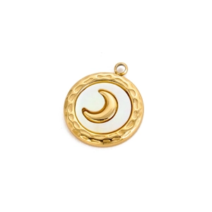 Close-up of golden moon pendant with hammer texture and shimmering mother of pearl inlay