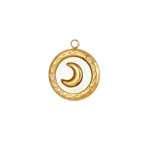 Detailed macro view of a gold celestial crescent moon pendant with white shell inlay