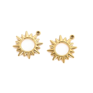 Detailed view of two polished gold sun pendants for DIY jewelry making accessories