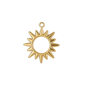 Detailed view of a golden sun-shaped pendant with hollow center and radiant rays