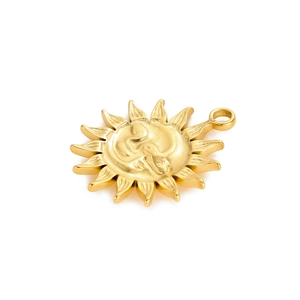 Polished gold sun pendant featuring an embossed face and ray details for DIY jewelry