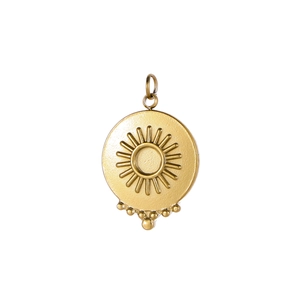 Detailed view of a gold plated celestial sun pendant with ray patterns and metal beads