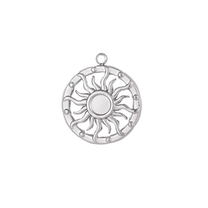 Detailed view of a silver sun charm pendant with hollow sunburst design for DIY jewelry