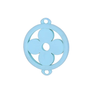 Macro detail of a light blue four-leaf flower pendant charm with dual connection holes