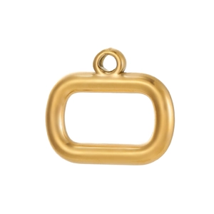 Close-up of golden rectangular metal pendant with a circular ring on white background