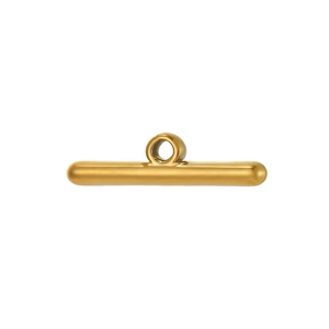Polished gold T-bar jewelry clasp with central ring on white background