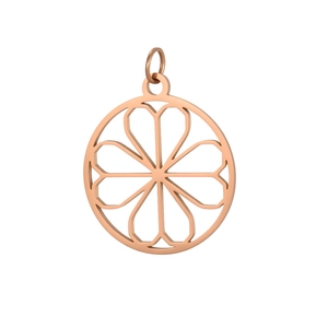 Vue détaillée d'un pendentif rond évidé en or rose avec motif floral symétrique à cœurs