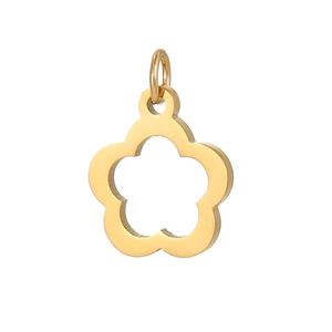 Vue détaillée d'un pendentif fleur dorée avec design ajouré à cinq pétales et finition polie