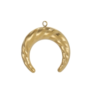 Macro shot of a golden crescent moon pendant featuring a spiral twisted texture design