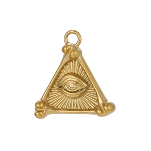 Macro view of a gold-plated stainless steel triangle pendant with the Eye of Providence