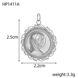Pendentif Vierge Marie ovale en acier inoxydable avec motif creux et dimensions