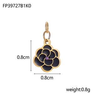 Detail of camellia flower pendant with black drip oil and purple zircon inlay
