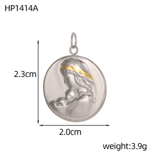 Tableau des tailles détaillé du pendentif Vierge Marie en acier avec dimensions précises