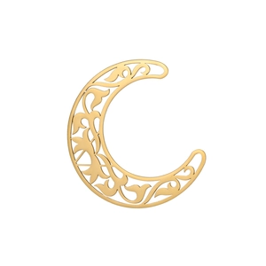 Detail of golden crescent moon pendant featuring intricate hollow filigree patterns