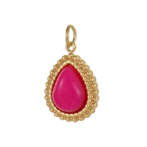 Makroansicht eines tropfenförmigen Vintage-Anhängers mit rosa Edelstein und goldenen Perlen