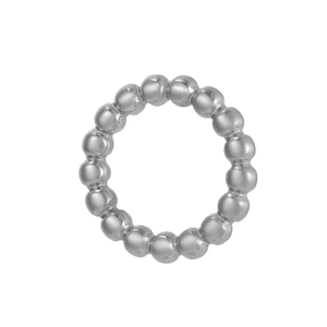 Macro view of minimalist silver bead chain ring with polished smooth metal finish