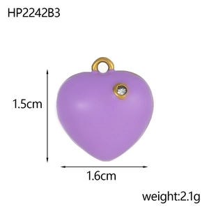 Detailed view of lavender heart pendant with pearl inlay showing 1.5cm by 1.6cm dimensions