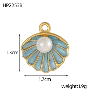 French vintage gold shell pendant with light blue enamel and pearl heart detail