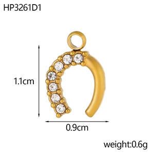 Gold stainless steel U-shaped horseshoe pendant with crystals, dimensions 1.1cm by 0.9cm