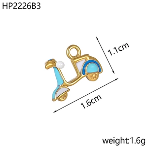 Detail showing dimensions of retro blue enamel scooter pendant in gold-plated steel