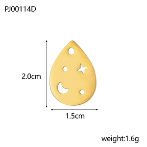 Polished gold teardrop pendant with celestial star and moon cutouts, 2.0cm x 1.5cm size