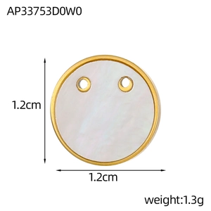 Detail of 1.2cm round white shell pendant with gold titanium steel frame and dual holes