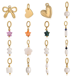 Detailed grid of sixteen elegant gold stainless steel DIY pendants with pearls and stars