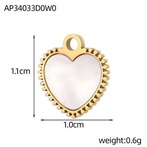 Macro detail of heart pendant with gold milgrain edge and white shell inlay, 11mm size
