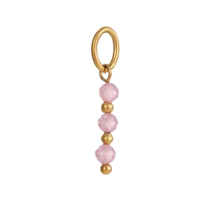 Detail of elegant gold pendant with pink faceted beads and small metallic spheres