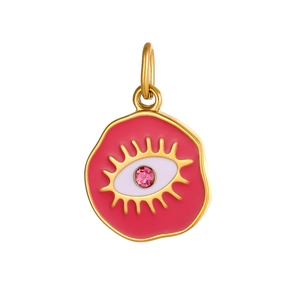 Dettaglio del ciondolo malocchio dorato con smalto rosa e zircone brillante incastonato