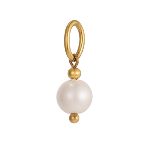 Detailed view of elegant white pearl pendant with gold metal beads and secure round bail