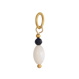 Detail of star-themed pendant with blue lapis lazuli and white shell oval bead charms