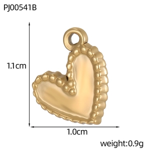Detailed view of a gold heart charm pendant showing size dimensions of 1.1cm by 1.0cm