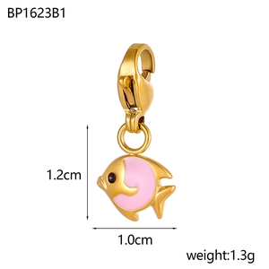 Detailed macro view of pink enamel fish charm with golden lobster clasp and size dimensions