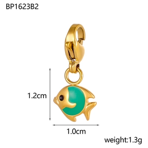 Detailed macro view of tropical fish charm with dimensions and gold-plated green enamel finish