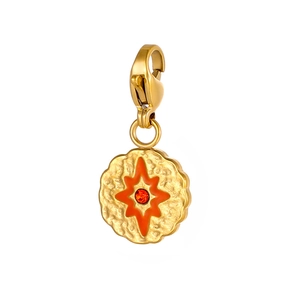 Detail of golden hammered round charm with orange star and lobster clasp